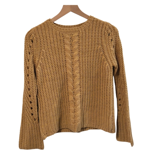 Moth Anthro Camel Cable Knit Crew Neck Bell Sleeve Lace-Up Back Sweater XS - Picture 1 of 7